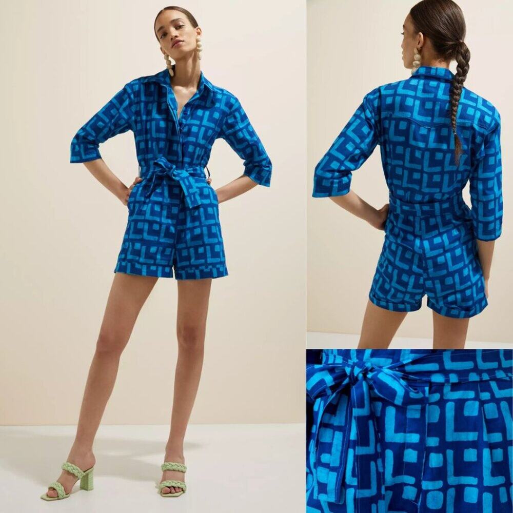 NWT Sika x Anthropologie Blue Geometric Romper, Sz 6